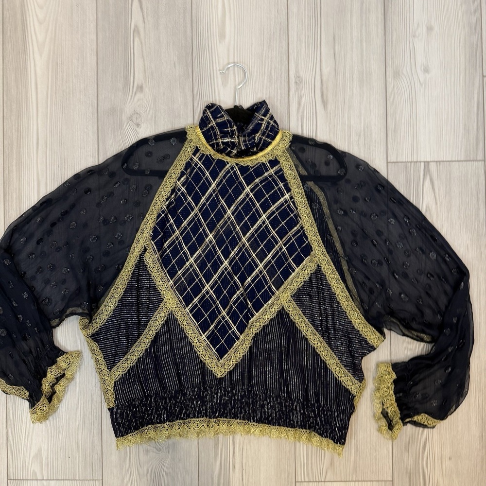 Koos Van Den Akker Couture 1980s Silk Blouse Shirt Sheer Pattern Navy Gold - Picture 3 of 14